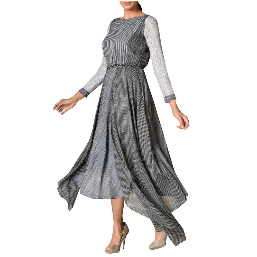 Ritu Kumar Black Round Neck‎ Asymmetric Flared Tunic Style 9982 Kurta Dress MED